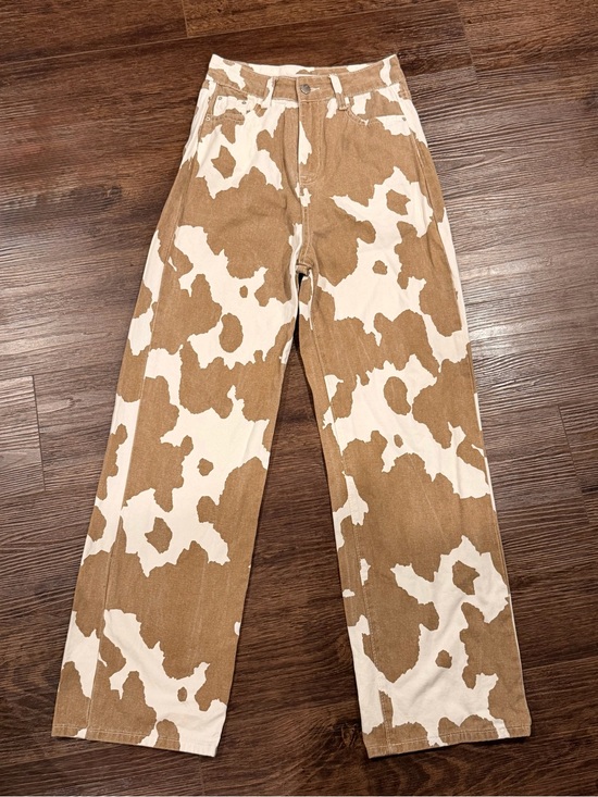 12th Tribe Pants - 12th Tribe Brown & White Cow Print Straight Leg Pants